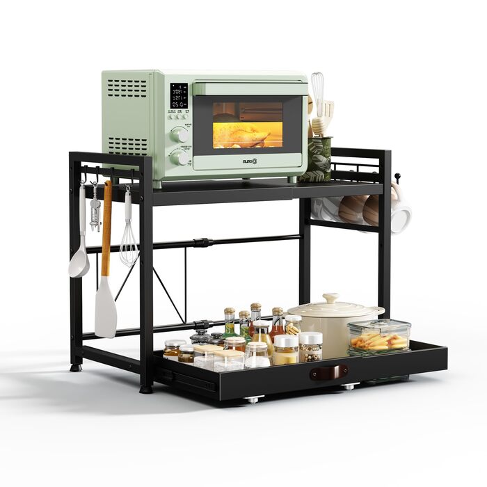 Підставка для мікрохвильової печі NETEL 2-рівнева, кухонна, з тримачем для напоїв та кошиком, чорна, висувна 40-60 см