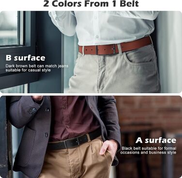 Чоловічий шкіряний ремінь BESTKEE 35 мм, обертається – для джинсів, штанів, гольф-одягу, чорний/коричневий, довжина 47' (для талії 40'-45')