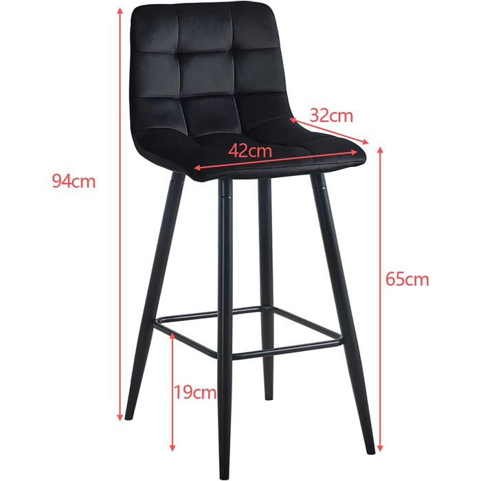Velvet Bar Stools Set of 2 - Black Bar Chairs with Backrest, 66cm Seat Height, 50x45x94cm - Modern Counter Stools for Kitchen Island