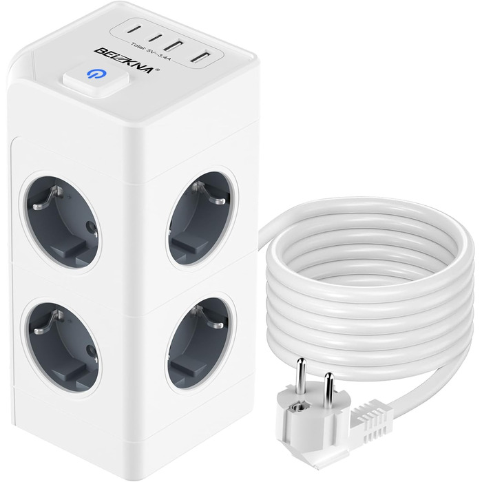 Мережевий фільтр з 4 розетками та 4 USB-портами, настінний, 4000W, 16A, з перетворювачем напруги, білий