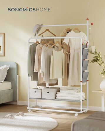 Стойка для одежды SONGMICS HOME на колесах, гардеробна стійка з 2 перекладинами, полиця, бічний органайзер, гачки у формі сірника, стабільна, для спальні, передпокою, HSR171B01 (50T x 189,6H cm, Матовий)