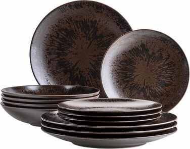 MÄSER Metallic Bronze, 12-piece tableware set for 4 people with a noble, glossy glaze, plate set with dinner plates, soup plates, and dessert plates made of high-quality ceramic stoneware, brown.