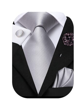 Набір краватка, нагрудна хустинка, запонки та латунний шпилька Hi-Tie для весілля та ділових зустрічей, жаккардовий шовк, сріблястий