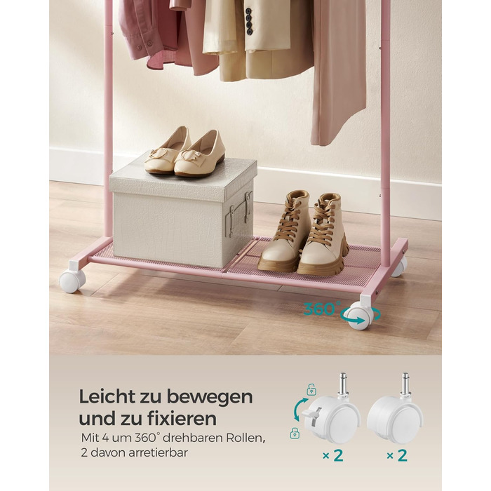 SONGMICS Clothes Rack, Rolling Garment Rack, Metal Wardrobe Stand, Rolling Wardrobe 91 cm wide, with Shelf, 2 Swivel Wheels with Brake, Rod Load Capacity up to 40 kg, HSR025A01 (Pastel Pink, 74x40.5x158cm)