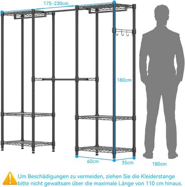 Тeleskopна штанга Himimi для одягу з 4 перекладинами та 6 регульованими полицями, 1 гачком, телескопічна система, регульована висота 175-230 см x H180 см, чорна