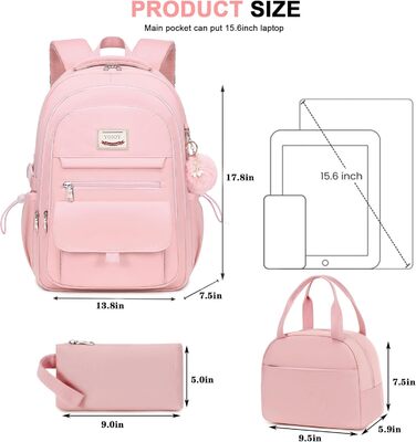 Шкільний рюкзак для підлітків, дівчаток, 3-в-1: рюкзак, ланчбокс, пенал (рожевий). Підходить для ноутбука 15.6