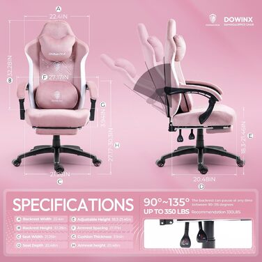 Ігрове крісло Dowinx з масажною та обігріваючою поперековою підтримкою, тканинне, з підставкою для ніг, подушкою-пружиною та кишенею, рожеве, до 150 кг