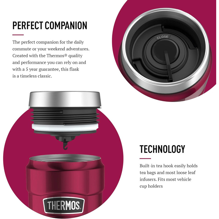 Термокружка Thermos King Reise, нержавіюча сталь, 470 мл, колір полуниця, 8.3 x 8.3 x 20 см