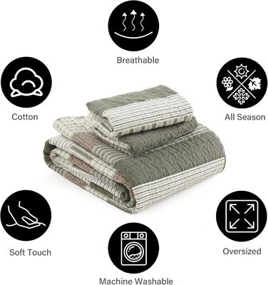Комплект ковдри PANGUSHAN для ліжка Queen, 100% бавовна, 3-частинний, Patchwork, вільний стиль, перевертається, легкий, для спальні