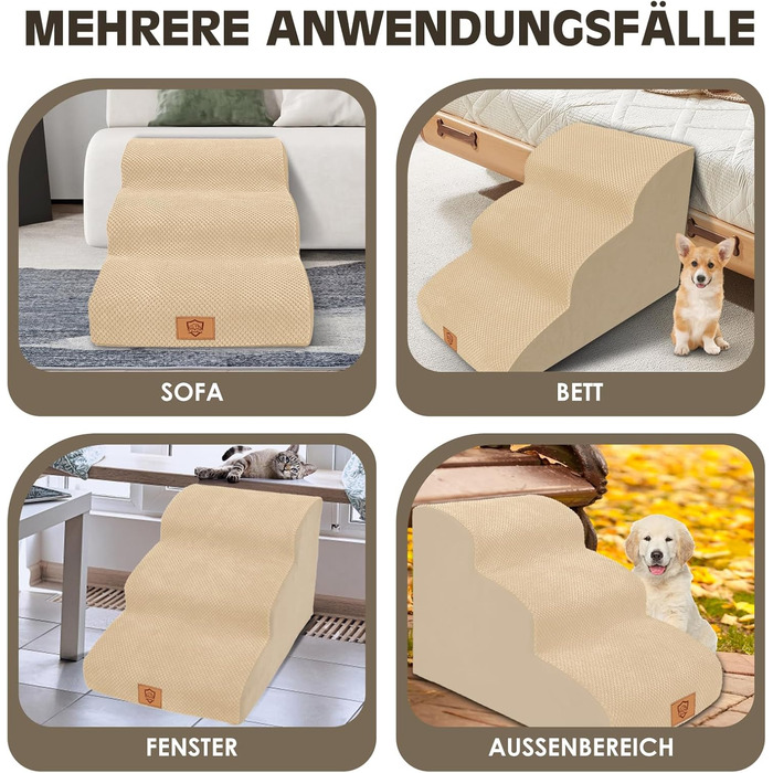 Сходинки для собак - 3 ступені, 40 см, з щільного матеріалу, для ліжка та дивану, знімний чохол, антиковзаюча поверхня, 60x40x40 см, бежевий