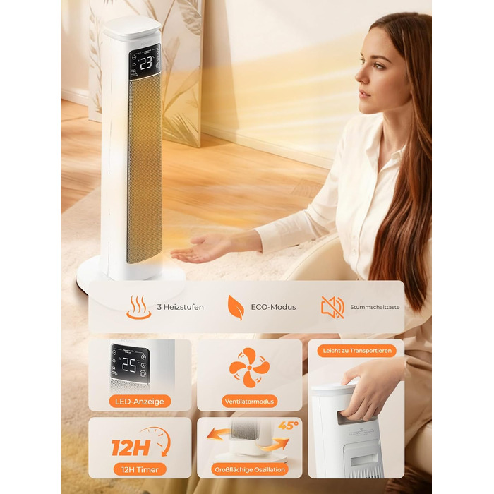 Керамічний обігрівач повітря PTC 2000W з пультом, таймером та ECO-режимом, безшумний електричний конвектор для дому та офісу