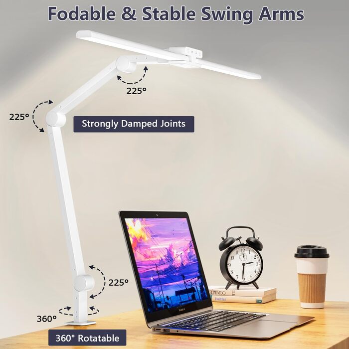 KableRika LED Desk Lamp - Dimmable 24W 80cm Dual-Head Desk Lamp with Clamp, 1200lm Eye Protection, Adjustable Gooseneck, Monitor Light, Daylight Lamp, Auto-Dimming (White)