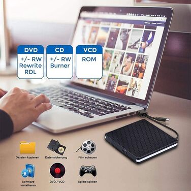 Зовнішній DVD-накопичувач Amicool USB 3.0 та Type-C, портативний CD/DVD +/-RW привід для ноутбука, ПК та MacBook (Windows, macOS, Linux)