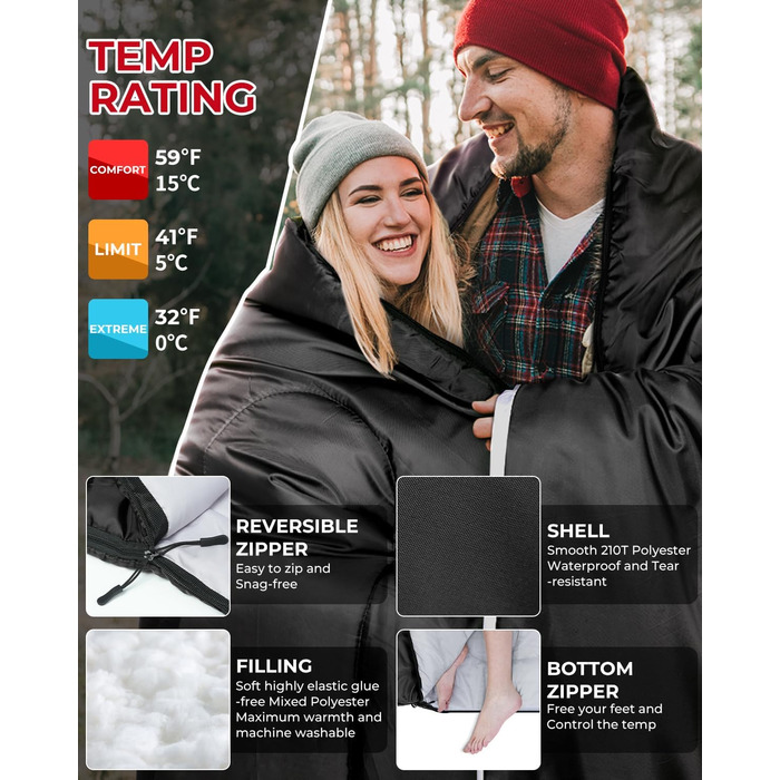 Спальний мішок на дво персони Ohuhu 220x150 см, чорний - для кемпінгу, подорожей, сім'ї та фестивалів