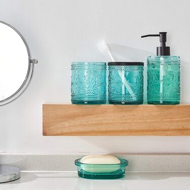 4-piece glass bathroom accessory set with decorative pressed pattern, including soap dispenser, tumbler, soap dish, and toothbrush holder, blue-green