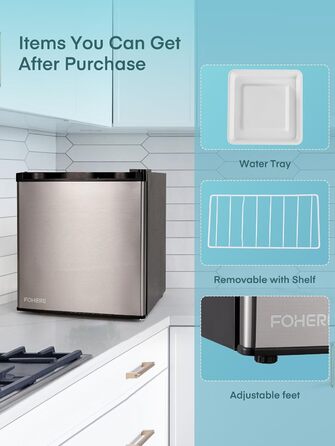 Міні холодильник 46 л з відділенням для льоду, тиха робота 42 дБ, регулювання температури, для кухні, офісу, спальні, готелів та маленьких квартир (колір нержавіюї сталі)