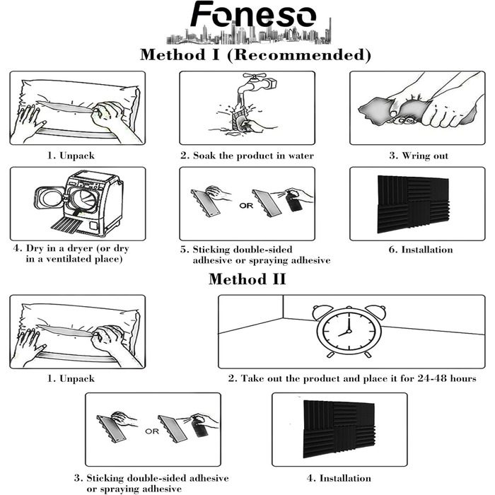Акустичний поролон Foneso для звукоізоляції, панелі-поглиначі шуму 30x30x5 см, висока щільність 25кг/м³, чорний (12 шт) для студії, офісу та кінотеатру