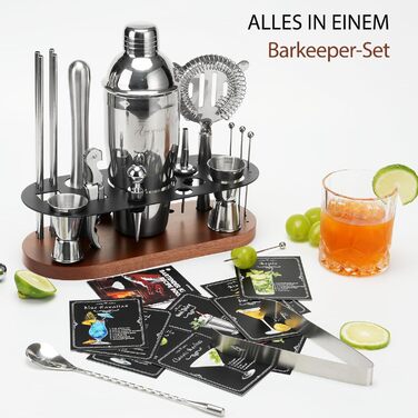 Набір бармена на 23 деталі з підставкою | Набір шейкерів для коктейлів з інструментами: шейкер Мартіні, сито, ложка, мадлер, для дому, бару, вечірки (колір коричневий)
