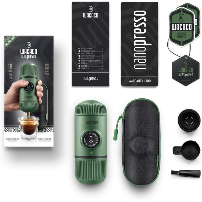 WACACO Nanopresso Portable Espresso Machine, with Nanopresso S Case, Upgrade Version of Minipresso, Travel Coffee Machine, Manually Operated (New Items Moss Green)