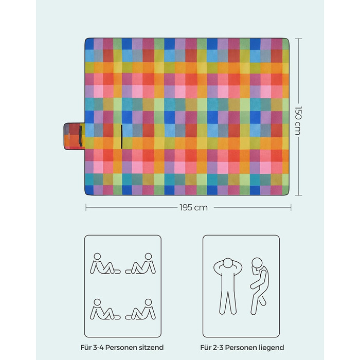 Плед для пікніка SONGMICS 195x150 см, водонепроникний, складаний, в клітку - для парку, саду, пляжу