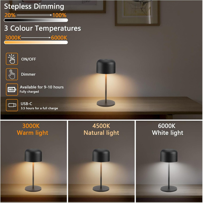 Акумуляторний LED світильник Klighten настільний диммований, чорний, алюміній, IP54, 21 см. З USB-C, 3 кольори світла (3000K-6000K)