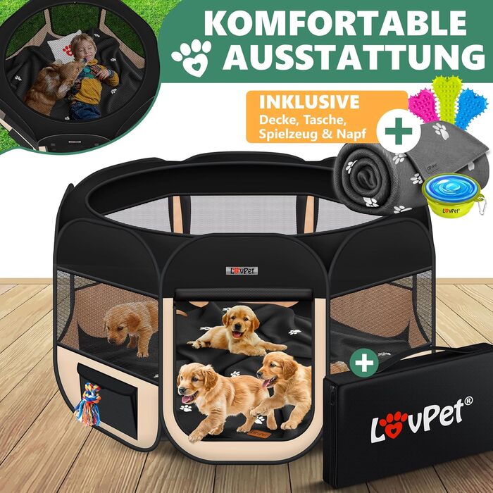 LOVPET® Foldable Pet Playpen with Food Bowl & Fleece Blanket - Indoor/Outdoor Dog & Cat Pen, Pop-Up Crate, Oxford Fabric, Grey/Black