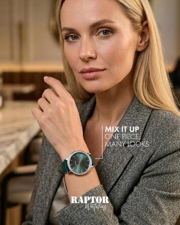 Жіночий наручний годинник Raptor elegant з блискітками, сріблястий корпус та чорний шкіряний ремінець