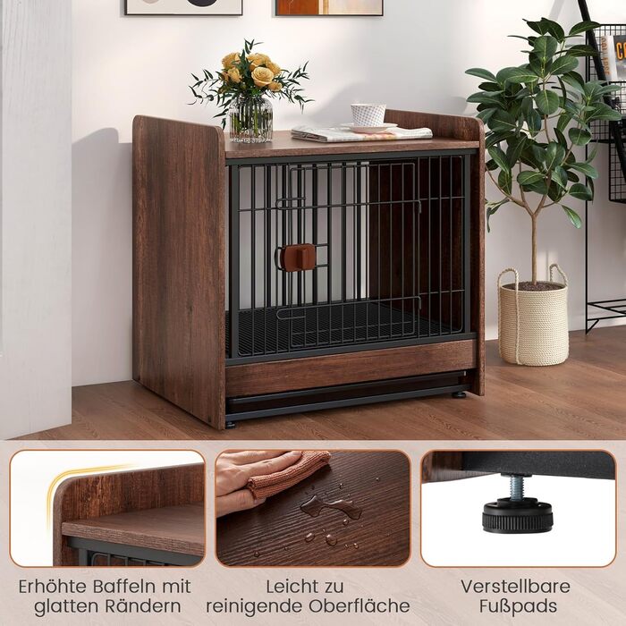 COSTWAY Клітка для собак 2 в 1 з нічним столиком, дерев'яна, коричнева, 62x49,5x61 см