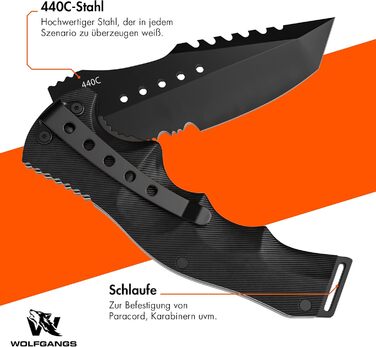 Wolfgang's UNDIQUE One-Handed Folding Knife made from fine 440C steel - One-Handed knife with leather holster - Outdoor knife with multi-functional blade - Strong survival - Hunting knife Bushcraft One-Handed Folding Knife FullBlack