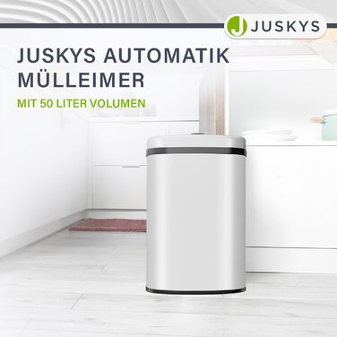 Відро для сміття Juskys з датчиком руху, 60 л, білий. Кутовий контейнер з кришкою-затискачем для сміттєвих пакетів, нержавіюча сталь, безконтактне відкривання