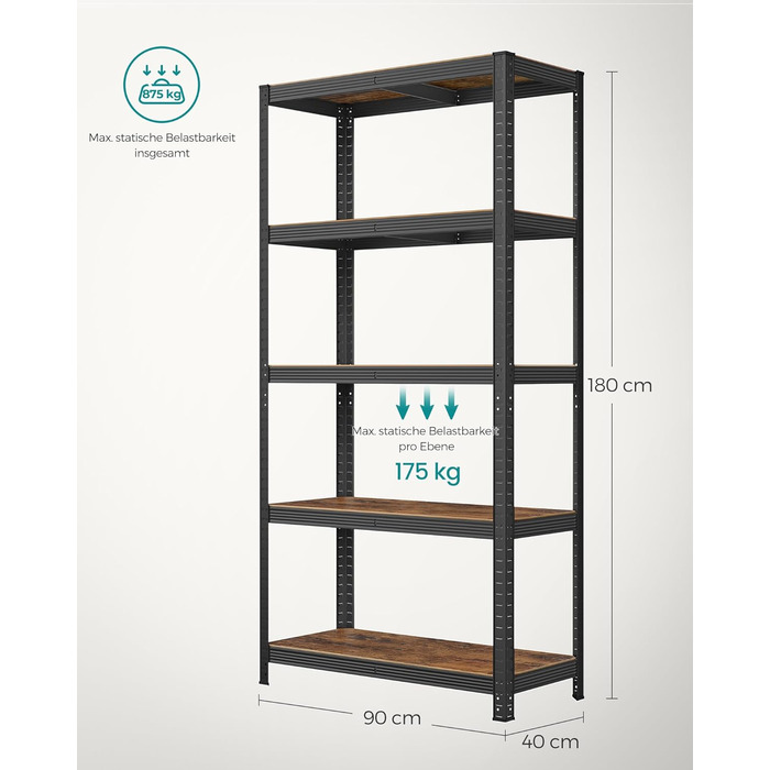 SONGMICS 2-Tier Industrial Bookshelf & Storage Rack - 40 x 90 x 180 cm
