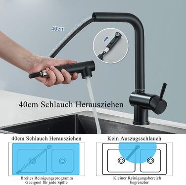Змішувач кухонний Rozin для мийки, чорний матовий, з висувною лійкою, поворотний 360°, 2 режими, для кухні