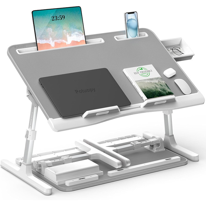 Столик для ноутбука Potuopy з регулюванням висоти та кута нахилу, великий (60*40 см), сірий