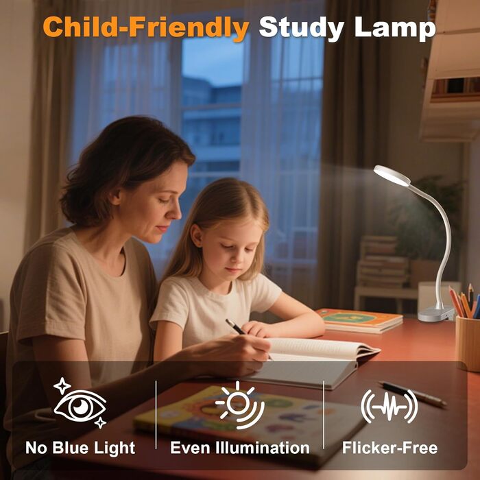 LED лампа для читання ZAPLIT з кріпленням на ліжко – 3 режими, 10 яскравостей, USB-C, гнучкий шийка 40 см, для спальні, робочого столу та кемпінгу, білий, діаметр 3,5 дюйма