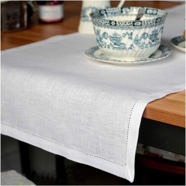 Linen & Cotton High-Quality and Elegant Table Runner Fabric/Table Band with Hollow Edge Florence - 100% Linen, 43 x 180cm (White/Weiss), Ideal for Wedding, Catering, Hotel