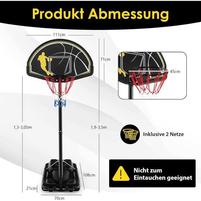 COSTWAY Adjustable Height Basketball Hoop System - Outdoor Mobile Basketball Stand with Wheels & Weight Bag - 130-305cm