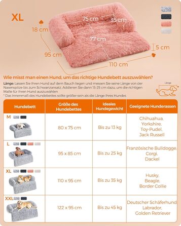 Feandrea FluffyHug Dog Bed, Plush, Dog Blanket Sofa, Sofa Protector Dog, Dog Cushion, Size M, for small and medium-sized dogs, 80 x 75 x 16 cm, PGW221G02 (L 110 x W 95 x H 18 cm, Pink)