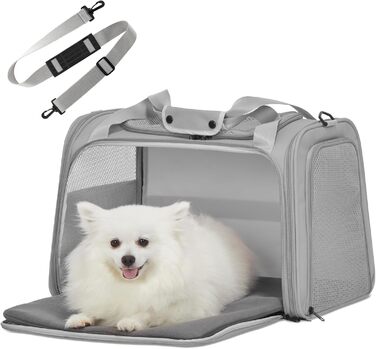 Транспортна переноска для котів та маленьких собак Petfit, сіра, L - легка переноска для подорожей літаком з ремінним кріпленням та розширюваним килимком