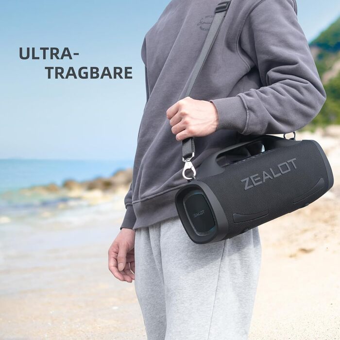 ZEALOT Bluetooth колонка 100W, XBass, Bluetooth 5.2, USB-C, 24000mAh, IPX6 водонепроникна, для кемпінгу, пляжу, басейну, саду - Чорна