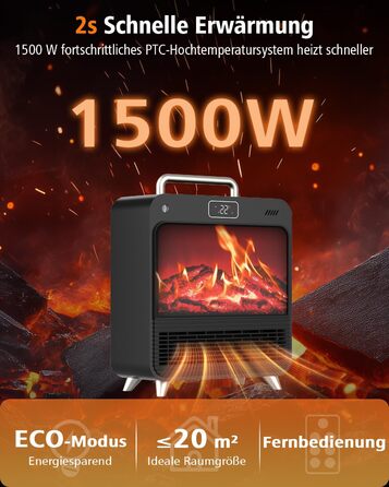 Електричний обігрівач 1500W з термостатом та таймером, тихий (34dB), захист від перегріву та перекидання, з пультком, чорний та срібний