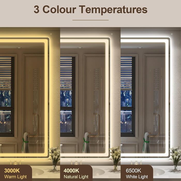 Дзеркало для ванної кімнати зі підсвічуванням STARLEAD 100x70 см з Bluetooth, антизапотівання, регулювання яскравості, 3 кольори світла, пам'ять, IP44, LED, горизонтальне/вертикальне, HD скло, Madrid Silver (M3015)