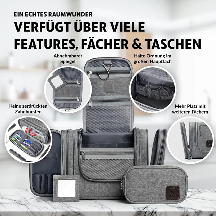 Чоловічий та жіночий туалетний аксесуар Obics, 8L, чорний, XL - сумочка для туалетних речей з дзеркалом та сумкою для подорожей, велика косметичка для активного відпочинку та подарунок з 10 відділеннями для кемпінгу та подорожей (сірий)