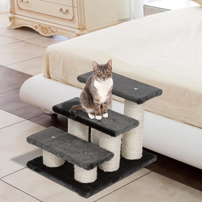 PawHut Pet Stairs 3-Step Cat Stairs Dog Stairs Stairs for Cats and Dogs Plush Dark Grey 45 x 35 x 34 cm