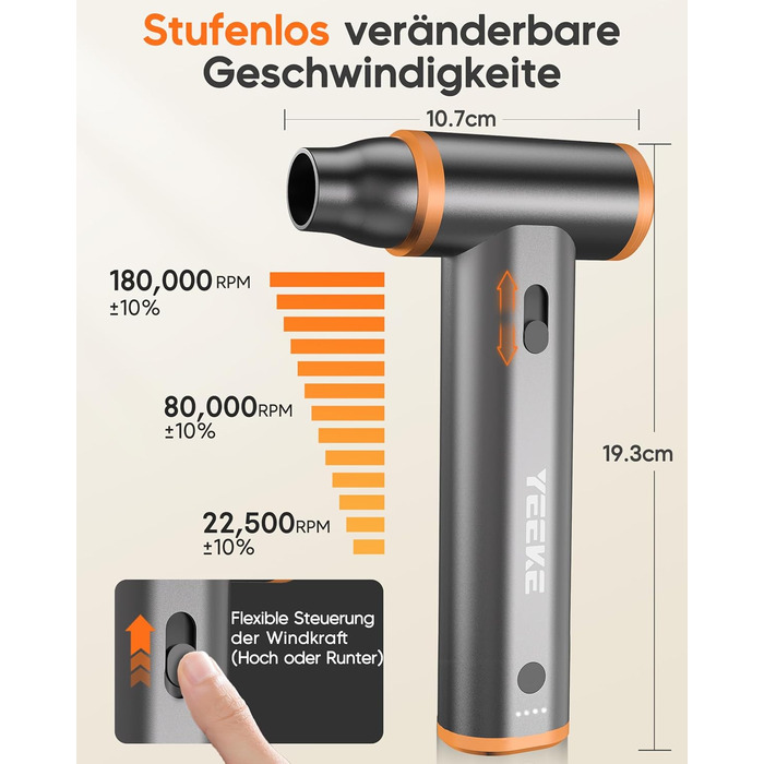 Електричний повітряний дмухач для чищення: 8000mAh, 180000 обертів/хв, турбо-режим, для авто, дивану, дому. Алюмінієвий корпус, сірий.