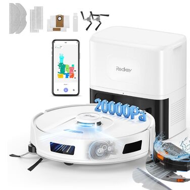 Робот-пилосос Redkey R11 з функцією миття, 20000Pa, док-станція 4L, захист від намотування волосся, LiDAR навігація, керування через додаток, для килима та шерсті тварин, білий
