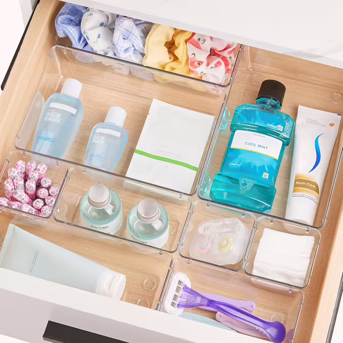 Vtopmart 60-Piece Drawer Organizers, 4 Sizes, Transparent Plastic Drawer Organizers, Containers for Bathroom and Vanity, Organization for Kitchen Utensils, Makeup