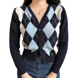 Жіночий пуловер на осінь з довгим рукавом, в'язаний кардиган у стилі ретро з візерунком аргайл/кліткою. Slim-fit, кроп-модель, верхній одяг.