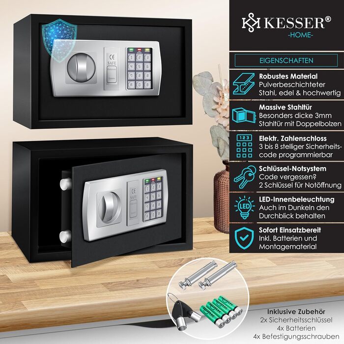 Електронний сейф KESSER® настінний, 31x20x20 см, з подвійним замком, внутрішнім освітленням, чорний (L)