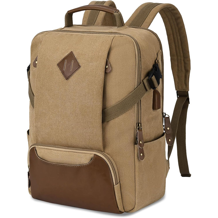 Чоловічий рюкзак для ноутбука 15.6 дюймів, Vintage, водонепроникний, з USB-портом, для подорожей, роботи та навчання (Хакі)