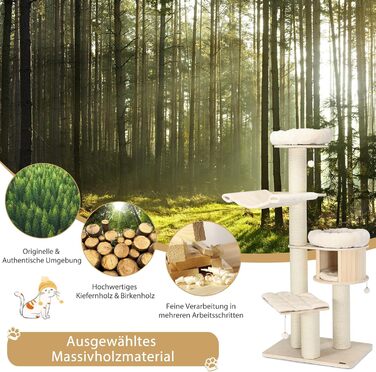 Дерев'яний котячий комплекс COSTWAY 197 см з гамаком, будиночком та кошиком, 7-ярусний, бежевий